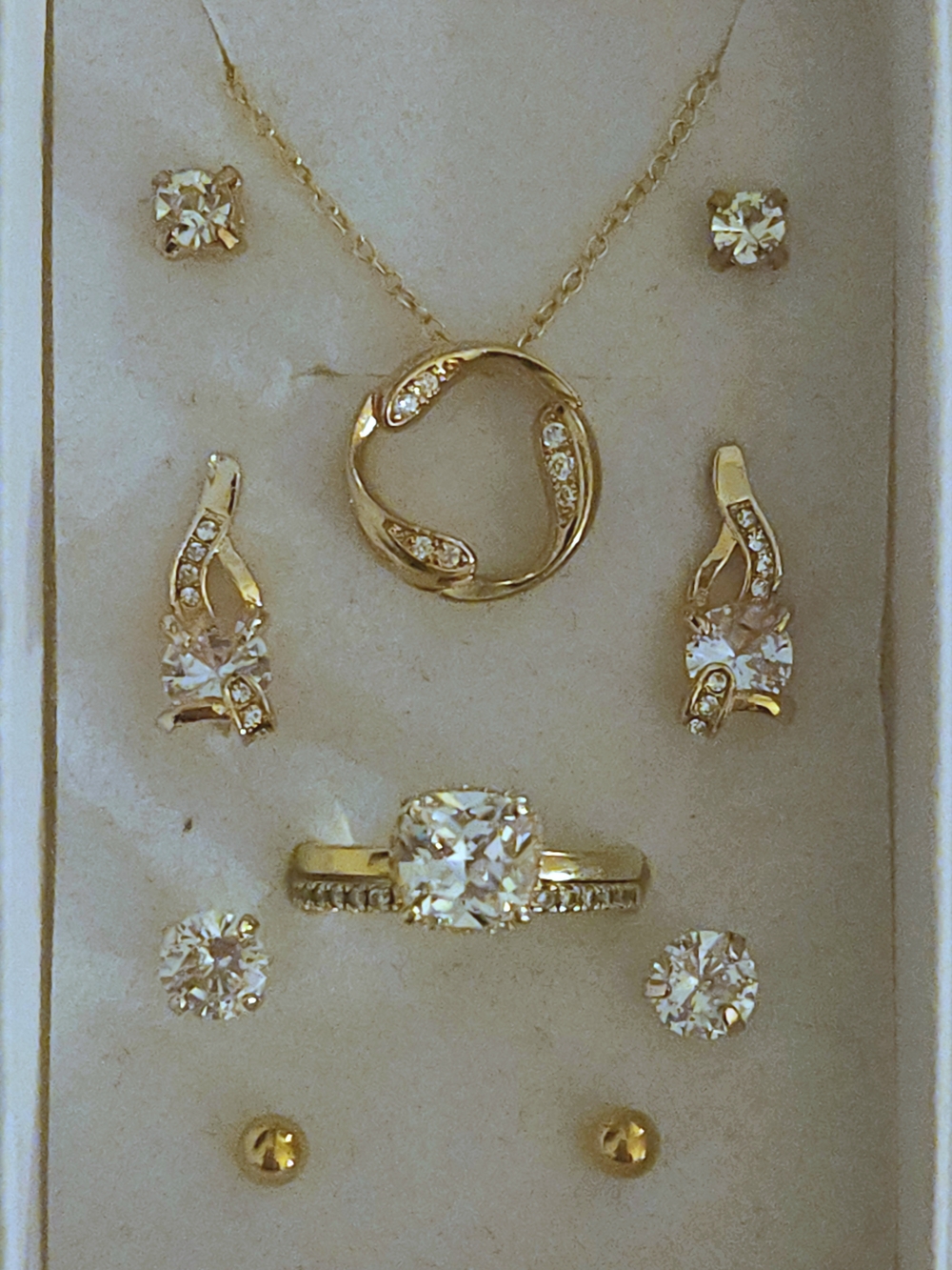 Gold-Tone Crystal Jewelry Set — Elegant Circle Necklace, Ring & Earrings